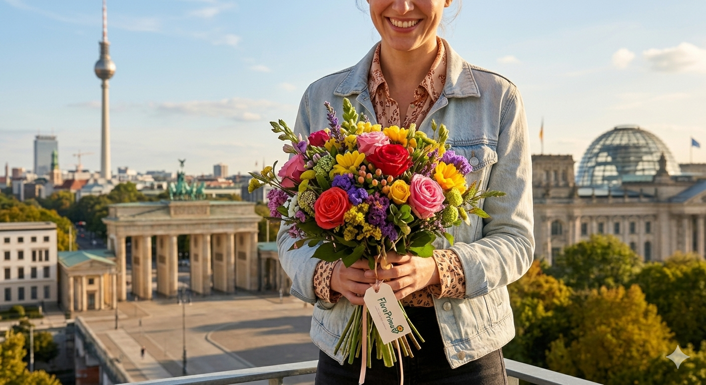 Blumenstrauß vor Deutschland Stadtkulisse