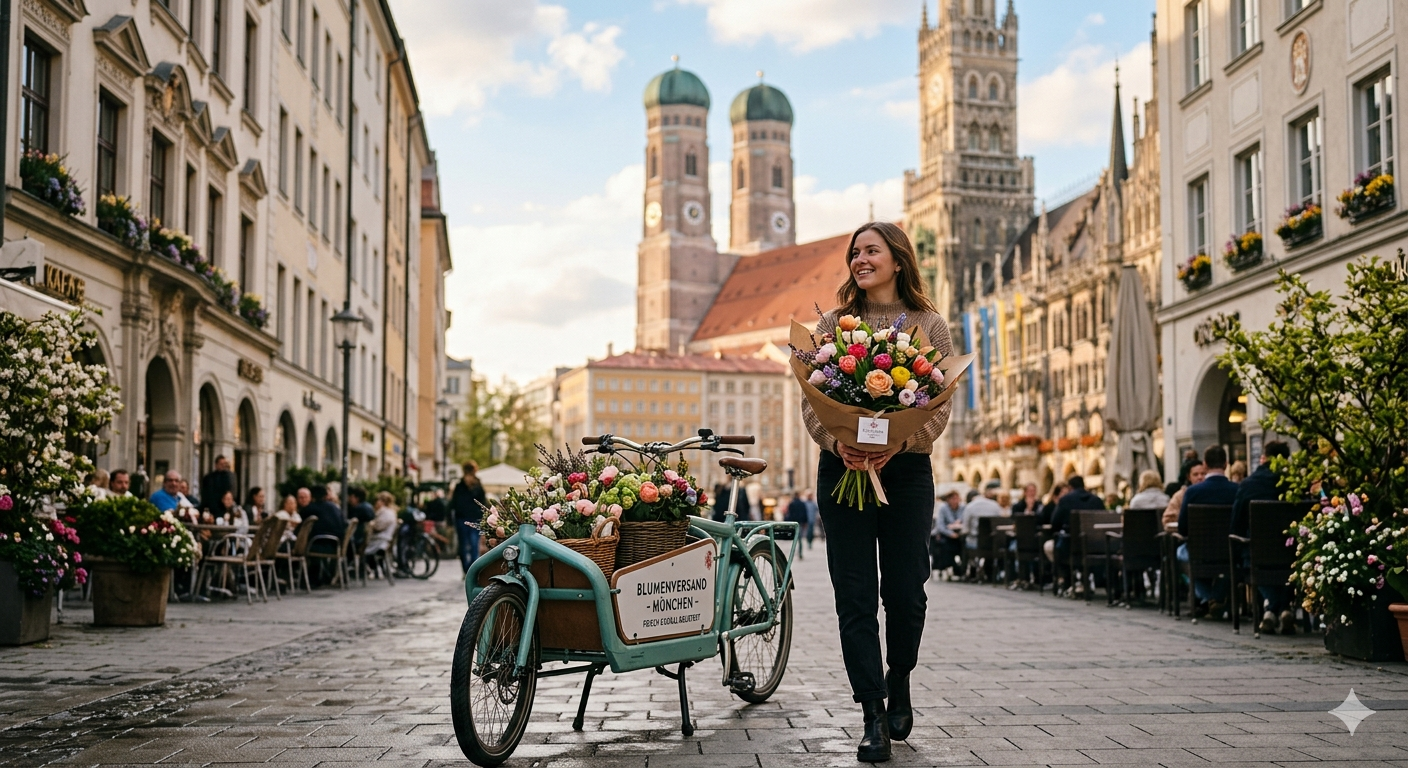 Blumenstrauß vor Münchner Stadtkulisse