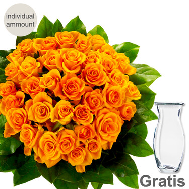 Individual orange roses with vase