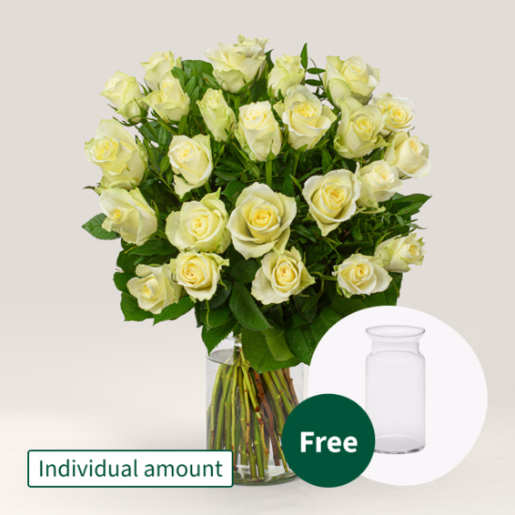Individual white roses with vase