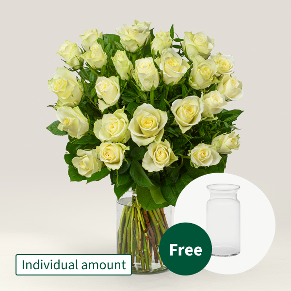 Individual white roses with vase