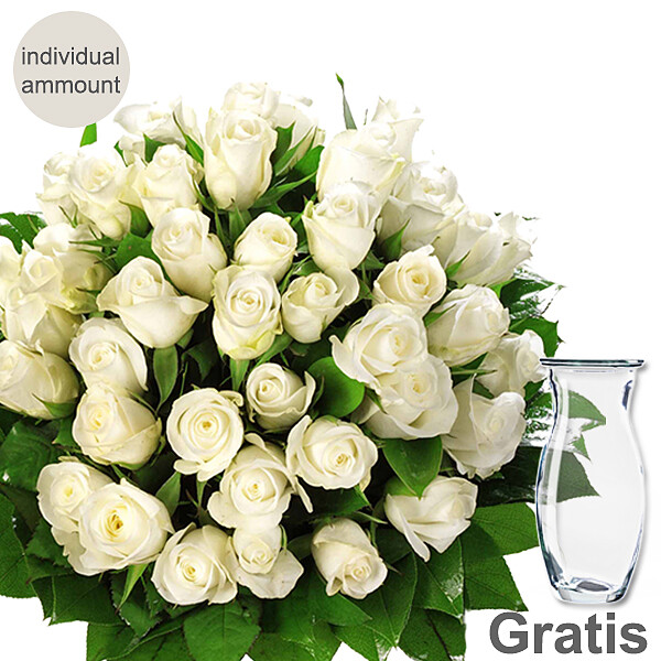 Individual white roses with vase