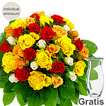 Individual mixed coloured roses with vase