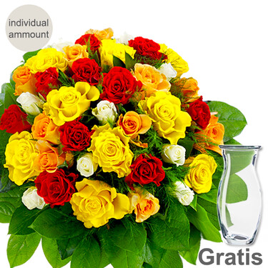 Individual mixed coloured roses with vase