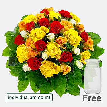 Individual mixed coloured roses with vase