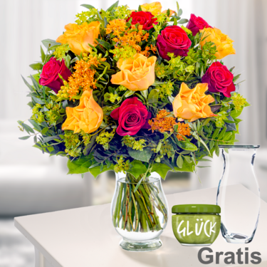 frisch gebunden Rosenstrauß Rubin mit Vase & GLÜCK-Marmelade