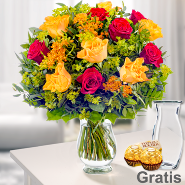 frisch gebunden Rosenstrauß Rubin mit Vase & 2 Ferrero Rocher