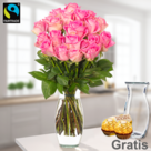 20 pinke Fairtrade Rosen im Bund mit Vase & 2 Ferrero Rocher