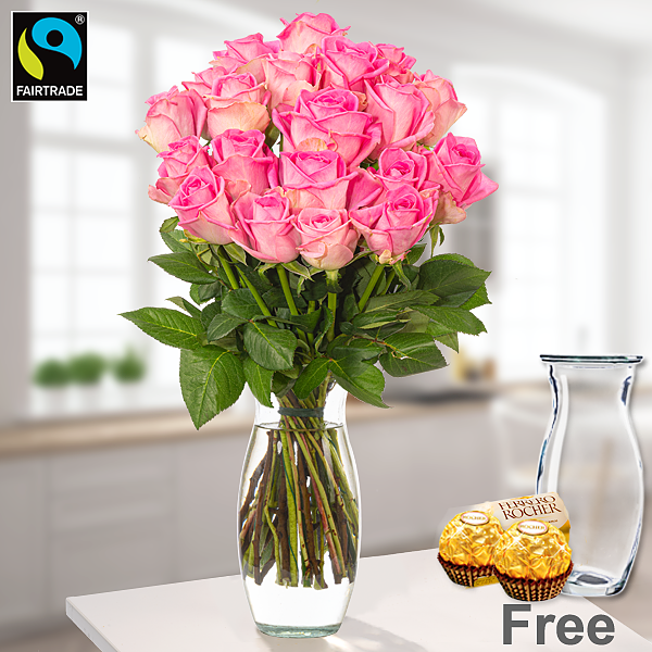 Bunch of 20 pink Fairtrade roses with Vase & 2 Ferrero Rocher