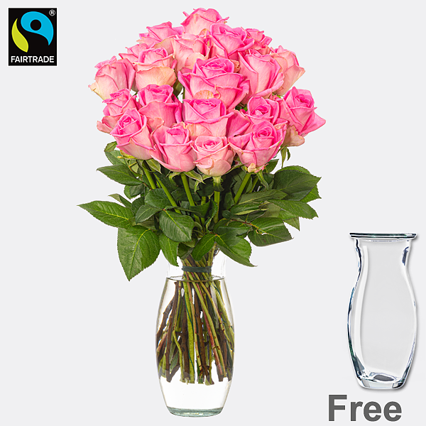 Bunch of 20 pink Fairtrade roses with Vase