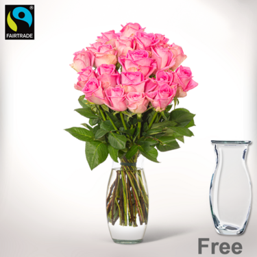 Bunch of 20 pink Fairtrade roses with Vase