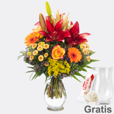 Blumenstrauß Herbstsonne mit Vase & Ferrero Raffaello