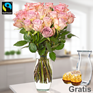 20 rosa Fairtrade Rosen im Bund mit Vase & 2 Ferrero Rocher