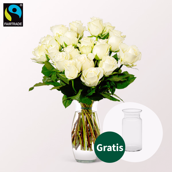 20 weiße Fairtrade Rosen im Bund mit Vase & Ballon-Stecker