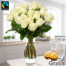 20 weiße Fairtrade Rosen im Bund mit Vase & 2 Ferrero Rocher