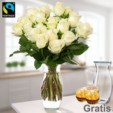frisch gebunden 20 weiße Fairtrade Rosen im Bund mit Vase & 2 Ferrero Rocher