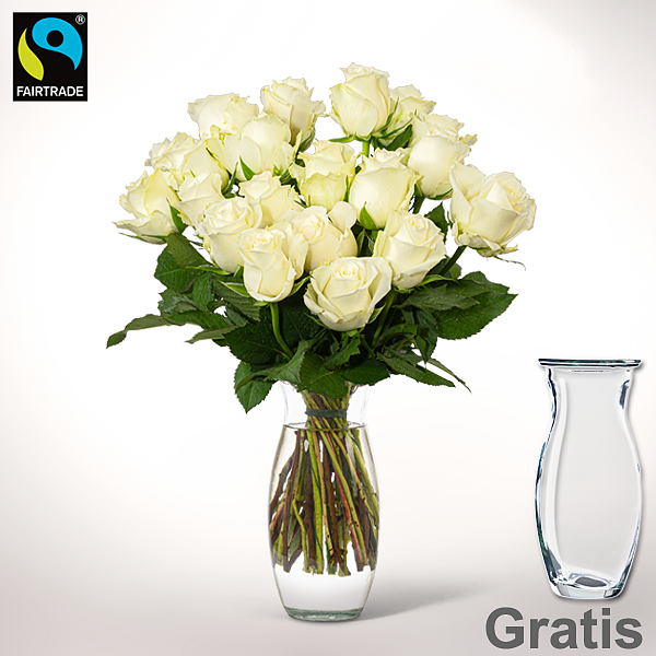 20 weiße Fairtrade Rosen im Bund mit Vase