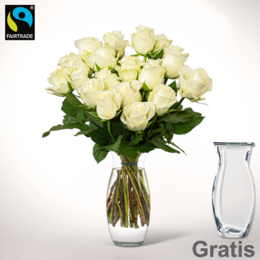 frisch gebunden 20 weiße Fairtrade Rosen im Bund mit Vase