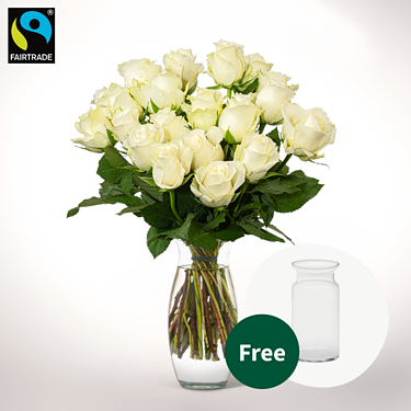Bunch of  20 white Fairtrade roses with vase