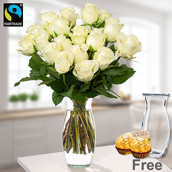 Bunch of  20 white Fairtrade roses with Vase & 2 Ferrero Rocher