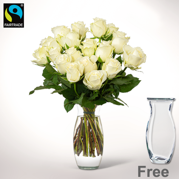 Bunch of  20 white Fairtrade roses with Vase