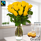 20 gelbe Fairtrade Rosen im Bund mit Vase & 2 Ferrero Rocher