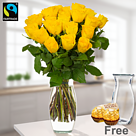 20 yellow Fairtrade roses in a bunch with Vase & 2 Ferrero Rocher