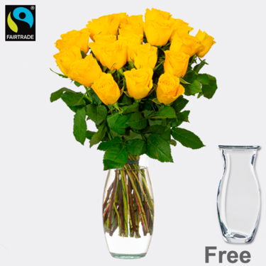 20 yellow Fairtrade roses in a bunch with Vase