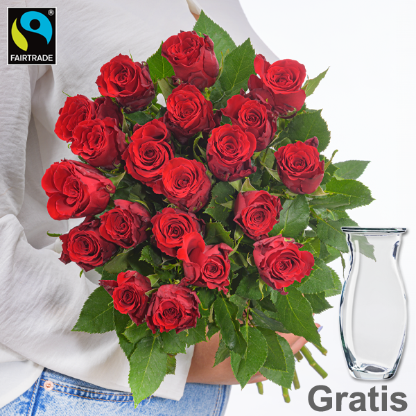 Rote Fairtrade Rosen im Bund mit Vase
