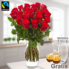 Rote Fairtrade Rosen im Bund mit Vase & 2 Ferrero Rocher