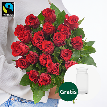 Rote Fairtrade Rosen im Bund mit Vase