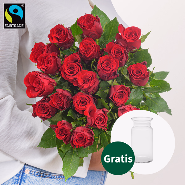 Rote Fairtrade Rosen im Bund mit Vase & Ballon-Stecker