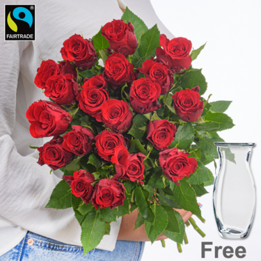 freshly tied Red Fairtrade roses in a bunch with Vase