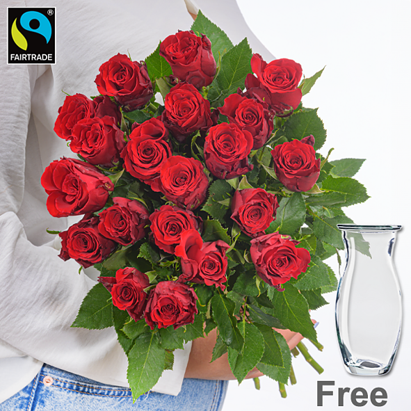 Red Fairtrade roses in a bunch with Vase