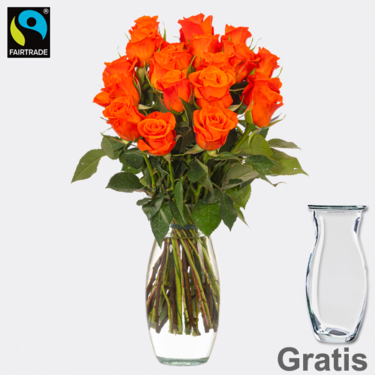 Orange Fairtrade Rosen im Bund mit Vase