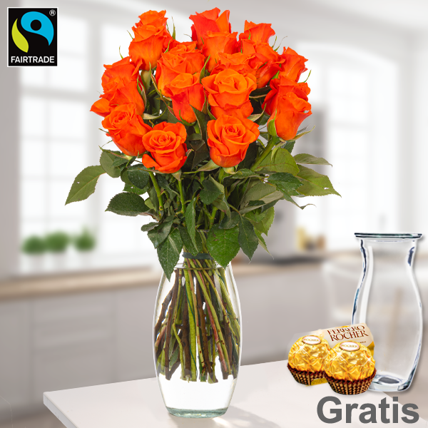 Orange Fairtrade Rosen im Bund mit Vase & 2 Ferrero Rocher