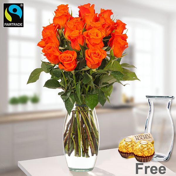 Orange Fairtrade roses in a bunch with Vase & 2 Ferrero Rocher