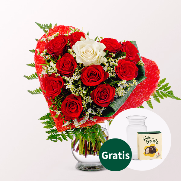 Rosenstrauß Romeo mit Halloren Kugeln & Vase