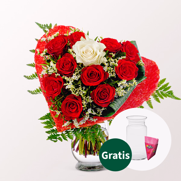 Rosenstrauß Romeo mit SunLolly Himbeere & Vase
