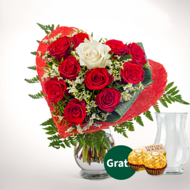 frisch gebunden Rosenstrauß Romeo mit Vase & 2 Ferrero Rocher