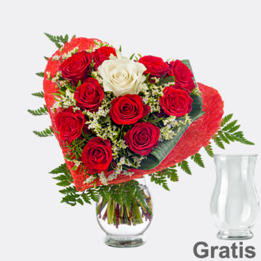 frisch gebunden Rosenstrauß Romeo mit Vase