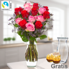 15 Fairtrade Rosen im Bund mit Limonium mit Vase & 2 Ferrero Rocher