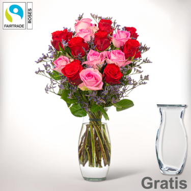 frisch gebunden 15 Fairtrade Rosen im Bund mit Limonium mit Vase