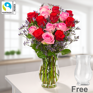 Bunch of 15 Fairtrade roses with limonium with vase
