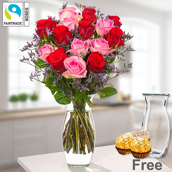 Bunch of 15 Fairtrade roses with limonium with Vase & 2 Ferrero Rocher