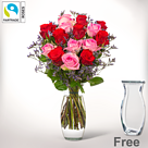 Bunch of 15 Fairtrade roses with limonium with Vase