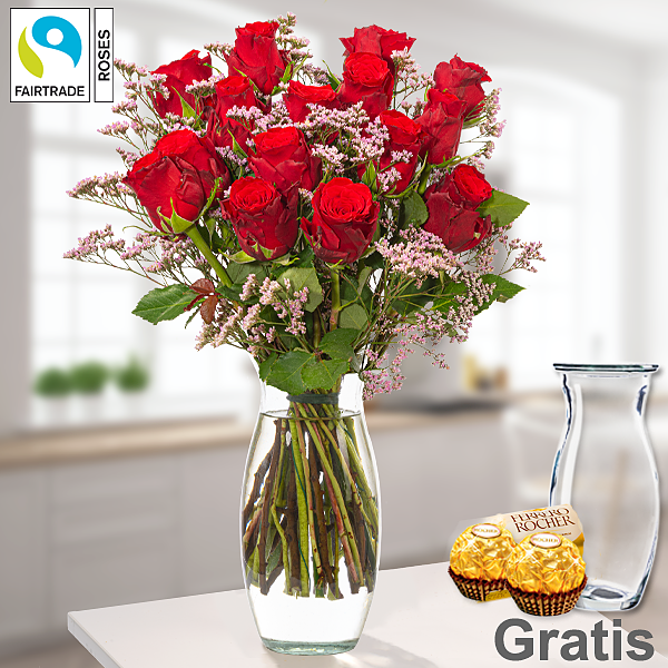 15 rote Fairtrade Rosen im Bund mit Limonium mit Vase & 2 Ferrero Rocher