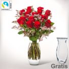 15 rote Fairtrade Rosen im Bund mit Limonium mit Vase