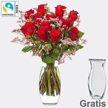 15 rote Fairtrade Rosen im Bund mit Limonium mit Vase