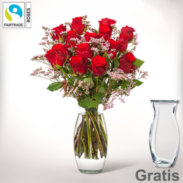 frisch gebunden 15 rote Fairtrade Rosen im Bund mit Limonium mit Vase
